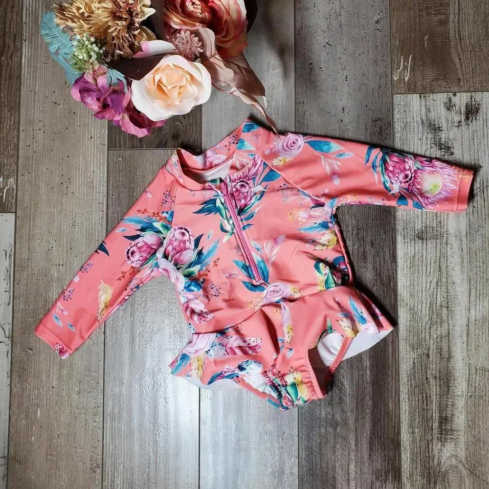 SHEIN Baby Girl Floral Print Raglan Sleeve Peplum One Piece Swimsuit Size 80